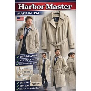 Harbor Master Trench Coat Mens 44 Long Beige Belted Wool Blend Lined USA Classic